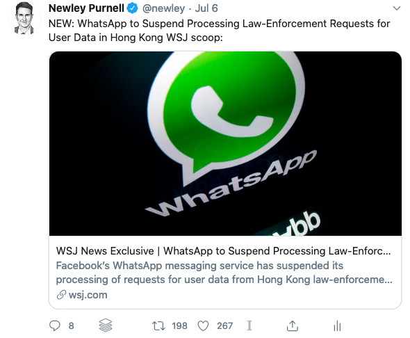 Tweet about WhatsApp and Hong Kong