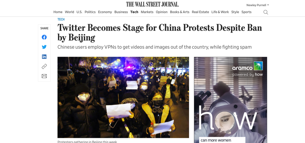 WSJ story Twitter China protests
