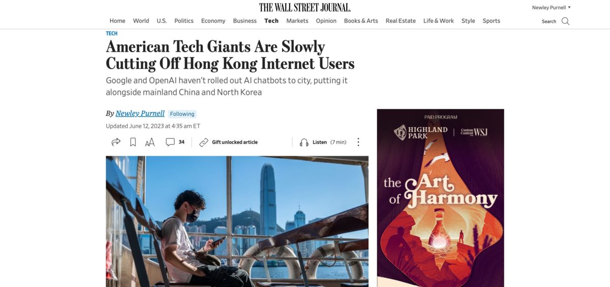 WSJ American Tech Giants Are Slowly Cutting Off Hong Kong Internet Users